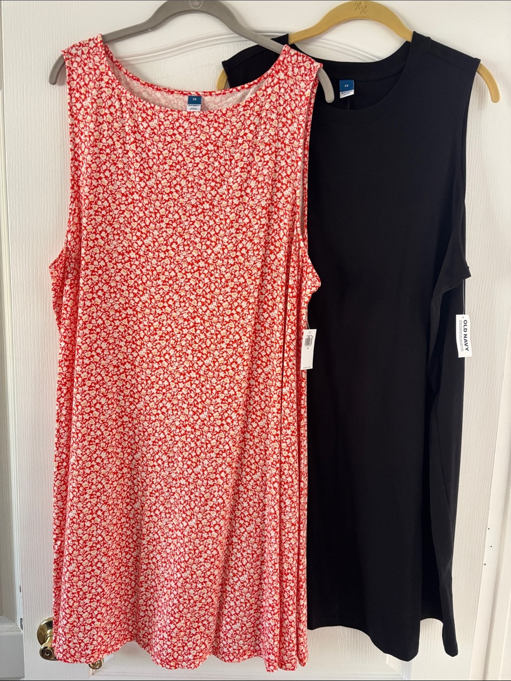 NWT Old Navy Orangey Red Floral Swing Dress & Black Tank with Slits Dress Duo